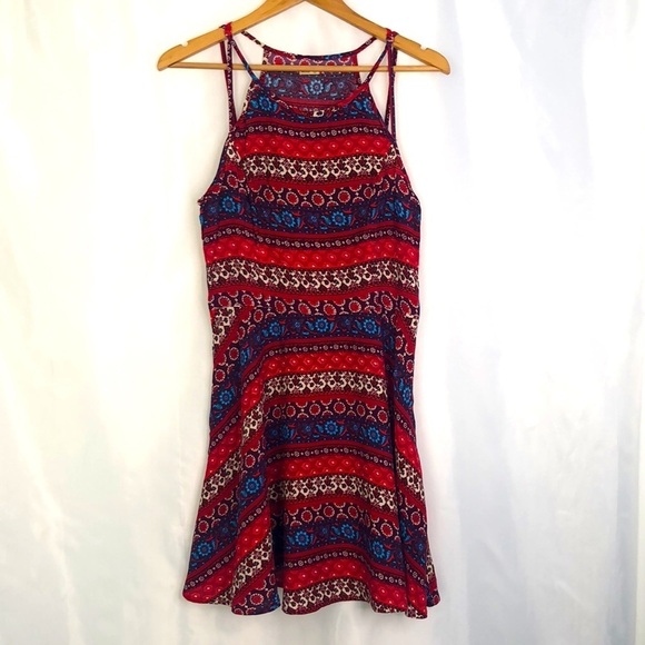 HOLLISTER Abercrombie & Fitch Halter Red/Blue Floral Mini Dress Size L - Picture 2 of 13
